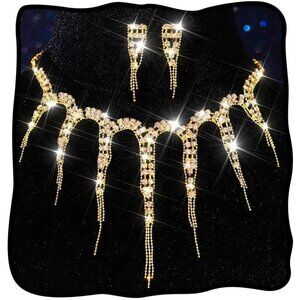 🆕Women Gold Necklace Earrings Set Crystal Sparkly Necklaces Prom Jewelry Sets